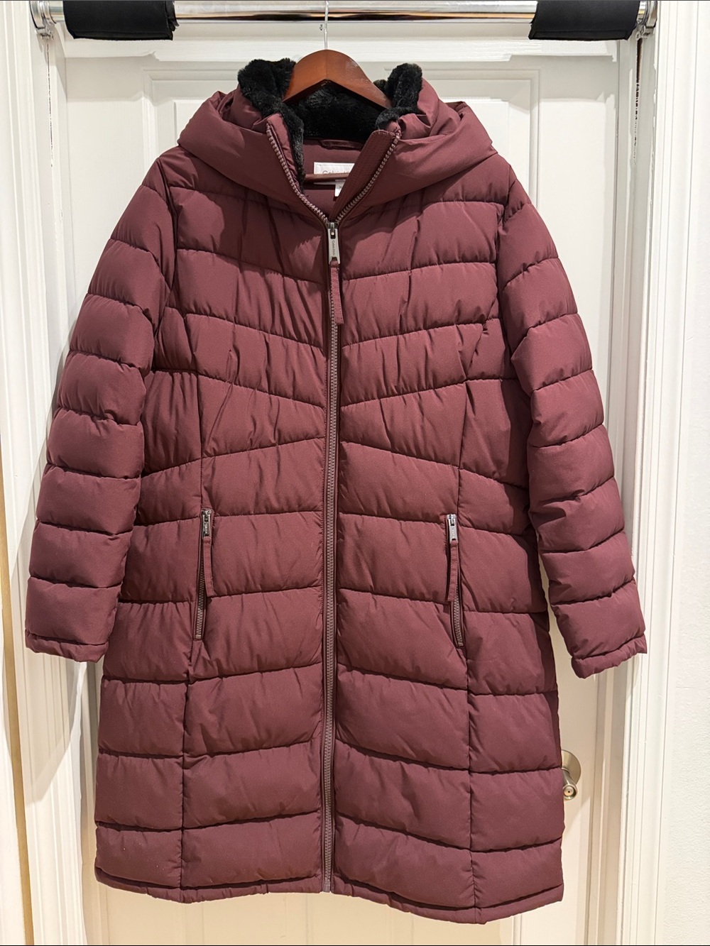Calvin Klein Mauve Pink Puffer Jacket with Faux Fur Trim